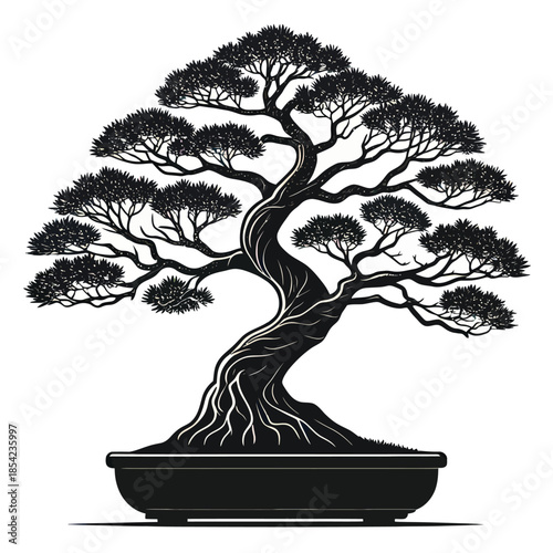 Bonsai tree in pot vector illustrations in black and white