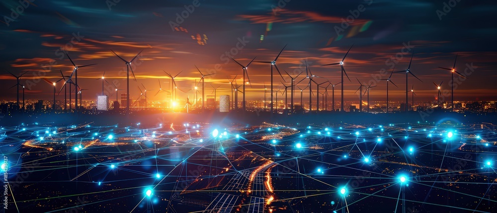 Fototapeta premium Futuristic wind turbines connected by a glowing digital energy grid, symbolizing clean power, smart infrastructure, innovation, and advanced renewable technology at sunset.