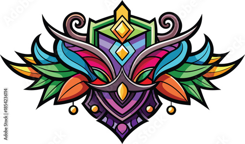 Vibrant stained glass inspired owl mask with colorful feathers and ornate details