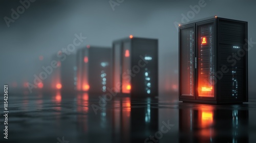 Server racks illuminated with red and blue lights in a foggy data center. Cybersecurity alert, digital infrastructure, and secure network operations in high-tech visualization.