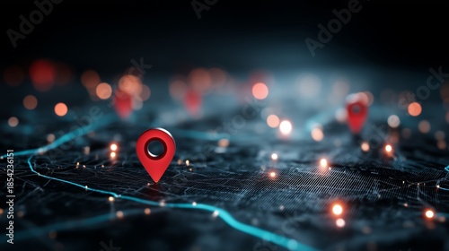 Digital map with glowing red location pins and network grid on dark surface. Geolocation, data visualization, and mapping technology in stylized spatial interface.