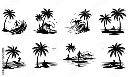A vector set of tropical palm trees on a sunny beach landscape