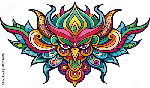 Vibrant tribal dragon head design with colorful swirls and patterns