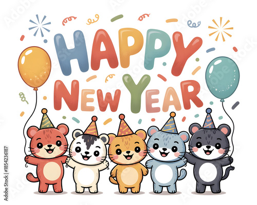 Kids Friendly Happy New Year Illustration with Balloons and Confetti