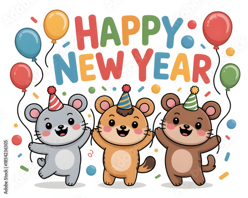 Kawaii Happy New Year Cartoon Bears Celebration Design