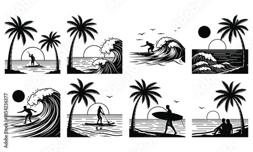 Tropical beach vector icon set with palm trees, summer se, and island elements
