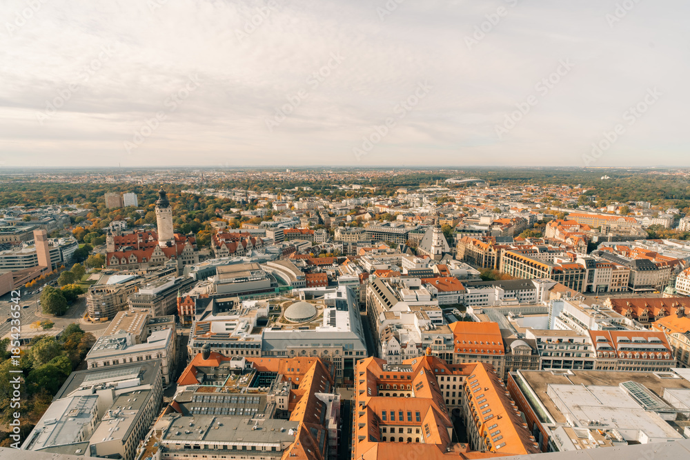 Obraz premium The drone aerial view of Leipzig, Germany. Leipzig is the largest city in the German federal state of Saxony