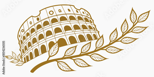 Stylized Colosseum and laurel branch emblem, vector