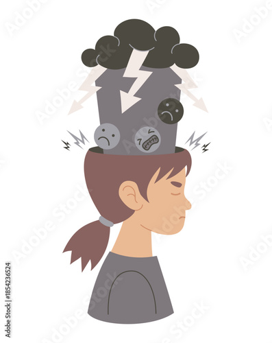 Mental Health. Sad Unhappy Girl with Rain Cloud and Lightning , and Sad Emoji Faces and from her head. Symbolizes emotional pain, confusion, Depression and Stress. Flat Vector Illustration. Not AI