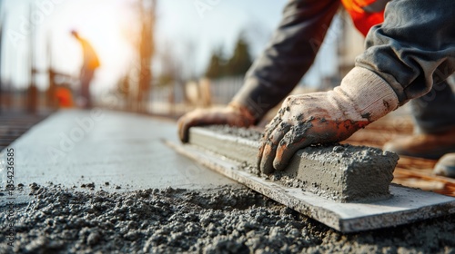 Worker in gloves smoothing freshly poured cement on a construction site