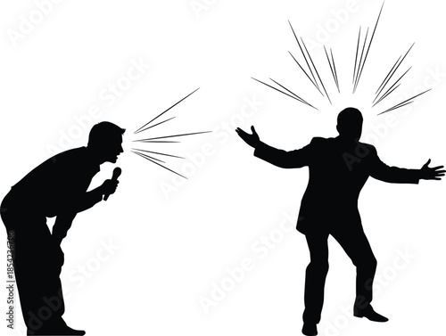 Silhouette argument scene, intense conversation, shouting figures, microphone speaker, expressive pose, black illustration, emotional reaction, public speaking conflict, dramatic gesture