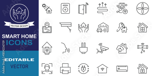 Smart home line icon set. Smart home automation scenario and remote control of device. Set of 24 icons related to smart home. Editable vector illustration.