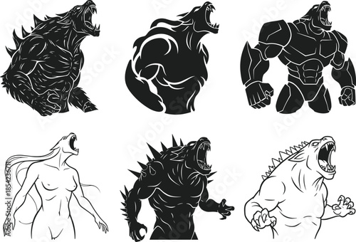 Roaring monster silhouettes, fantasy creature set, muscular beasts, stylized Godzilla, spiked-back figure, dynamic poses, black illustration, sci-fi character design