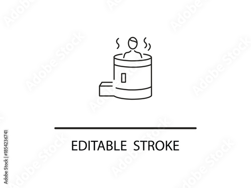 Simple line drawing of person in sauna with steam.