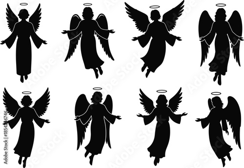 Angel silhouette collection, black angel figures, halo and wings, spiritual icons, divine beings, floating posture, religious art, minimalist design