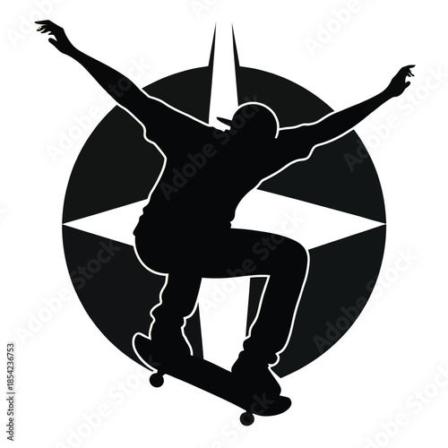 Black and white vector illustration of a skateboarder in dynamic