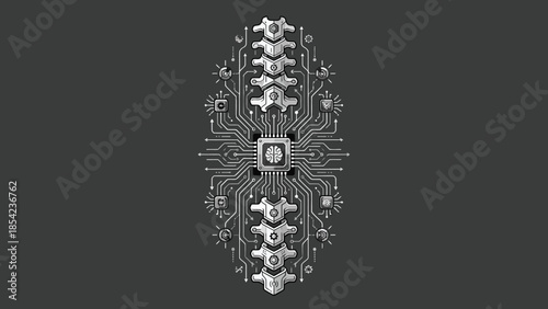 Intricate digital circuit design resembling a human spinal column, technology concept.