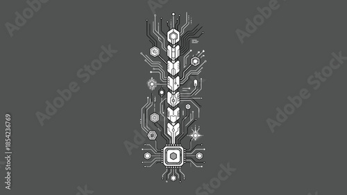 Intricate digital circuit design with abstract geometric patterns and futuristic elements.