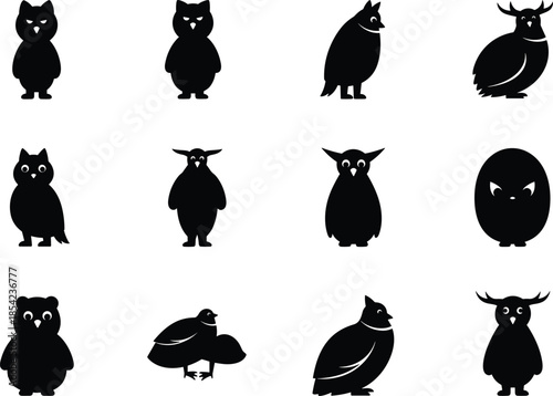 Owl, silhouette, black, illustration, bird, animal, design, stylized, unique, posture, eyes, feathers, grid, artistic, nature, wildlife, nocturnal, character, expression, variation