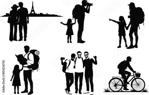 Travel, family, silhouette, outdoor, activity, exploration, sightseeing, hiking, cycling, black, illustration, backpack, map, camera, Paris, child, adult, motion, vacation, adventure