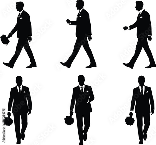 Man, bouquet, silhouette, walking, suit, formal, groom, romantic, gesture, black, illustration, pose, flower, elegant, stylish, love, motion, wedding, character, expression