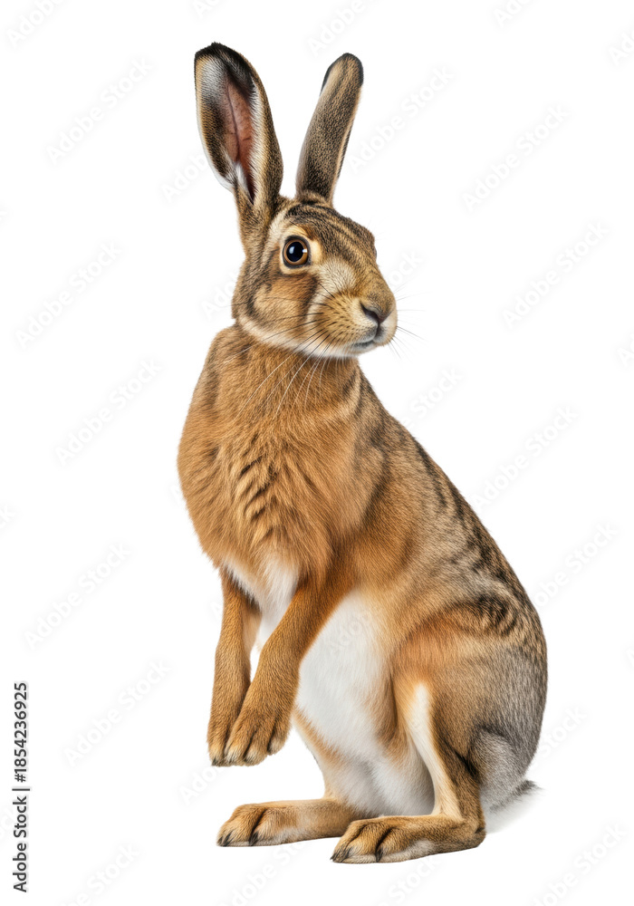 Fototapeta premium A majestic european hare on its hind legs in a dramatic profile, rich variegated brown coat and upright ears, intense curiosity and alert engagement portrait atmosphere