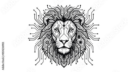 Intricate digital lion head illustration showcasing technological integration and design.