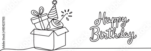 Continuous one line drawing template gifts box with party concept. Bday presents cardboard box or banner template with happy birthday typography. one line Icon drawing