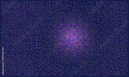 Futuristic scientific particle field vector illustrating biological data visualization. Dark blue background with flowing cellular simulation dots. Abstract network for tech design.