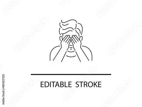 Person covering face with hands in simple line art style.