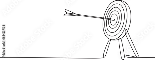 One continuous line drawing of arrow was shot bullseye to archery target board. Archery sport equipment concept. one line Icon drawing