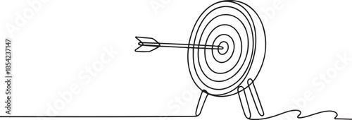 One continuous line drawing of arrow was shot bullseye to archery target board. Archery sport equipment concept. one line Icon drawing