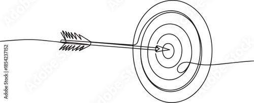 One continuous line drawing of arrow was shot bullseye to archery target board. Archery sport equipment concept. one line Icon drawing
