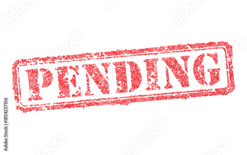 Realistic vector red rubber stamp with text pending inside a rectangular frame. Grunge ink texture imprint isolated on white background indicating waiting status for document approval process.