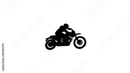 “Minimalist logo-style illustration of a motorcyclist in action, black silhouette on white background, travel and adventure theme.”