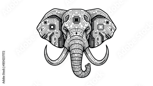 Intricate elephant head illustration showcasing detailed lines and textures, artistic design.