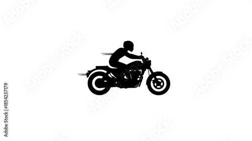 “Minimalist logo-style illustration of a motorcyclist in action, black silhouette on white background, travel and adventure theme.”