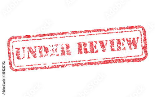 Distressed red rubber stamp effect with 'UNDER REVIEW' text, featuring a grunge texture. This vector illustration signifies an ongoing process, evaluation, or examination status. Perfect for