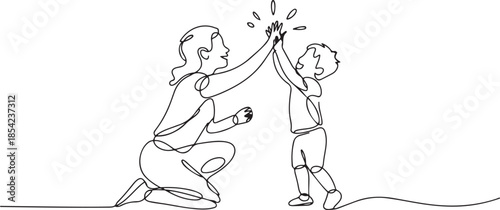 One single line drawing of young mother giving high five to her son for a success achievement, parenting vector illustration. Happy family playing together concept. one line Icon drawing