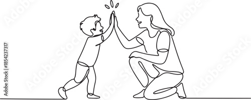 One single line drawing of young mother giving high five to her son for a success achievement, parenting vector illustration. Happy family playing together concept. one line Icon drawing