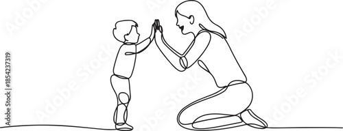 One single line drawing of young mother giving high five to her son for a success achievement, parenting vector illustration. Happy family playing together concept. one line Icon drawing