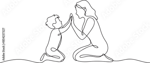 One single line drawing of young mother giving high five to her son for a success achievement, parenting vector illustration. Happy family playing together concept. one line Icon drawing