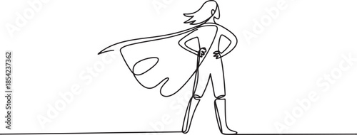 Single continuous line drawing superhero in cloak flutters in wind. Stands with her back. Successful businesswoman hero. Business success, leadership and victory. one line Icon drawing