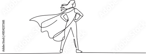 Single continuous line drawing superhero in cloak flutters in wind. Stands with her back. Successful businesswoman hero. Business success, leadership and victory. one line Icon drawing
