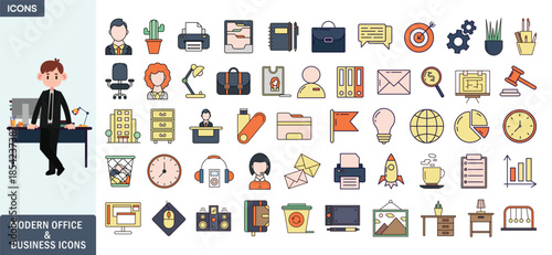 Modern Office and Business Icons Set – Flat Outline Vector Illustration of Workspace, Corporate Tools, Office Supplies, Productivity Elements for Web, UI and Graphic Design