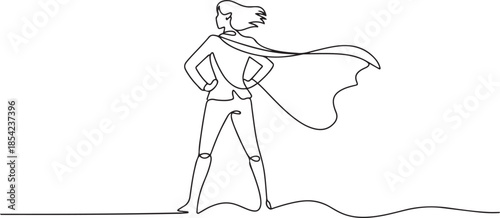 Single continuous line drawing superhero in cloak flutters in wind. Stands with her back. Successful businesswoman hero. Business success, leadership and victory. one line Icon drawing