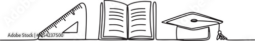 Single continuous line drawing of book, ruler, school bag, graduation cap for page layout. Back to school minimalist style. Education concept. one line Icon drawing