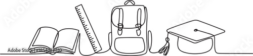 Single continuous line drawing of book, ruler, school bag, graduation cap for page layout. Back to school minimalist style. Education concept. one line Icon drawing