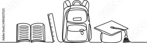 Single continuous line drawing of book, ruler, school bag, graduation cap for page layout. Back to school minimalist style. Education concept. one line Icon drawing
