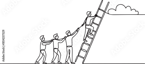 One continuous line drawing of team members support their leader to climb the ladder to reach the sky to reach the success. Trendy business teamwork concept. one line Icon drawing